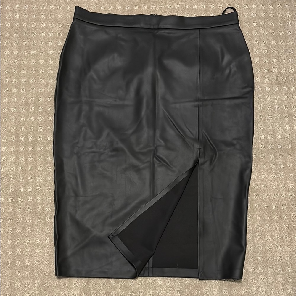 Black Vegan Leather Pencil Skirt with Front Slit